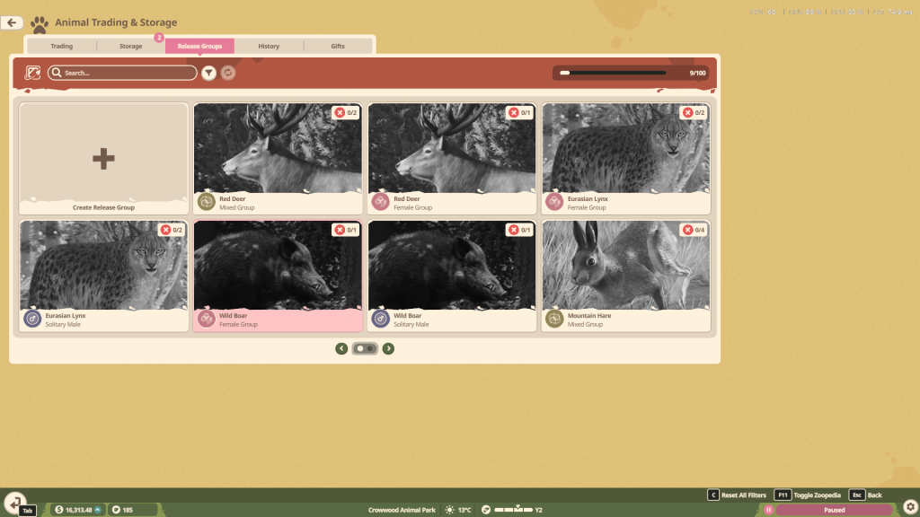 The Release Groups screen in Planet Zoo 2