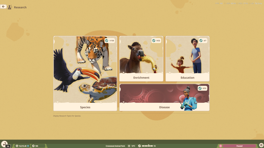 The Research screen in Planet Zoo 2