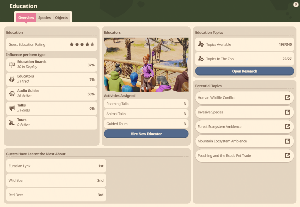 An Education screen in Planet Zoo 2