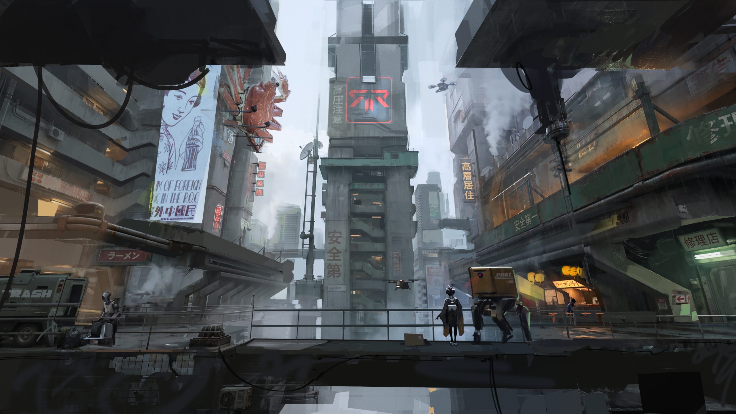 Rush is Real concept art showing Asian cyberpunk megacity with Eastern European brutalist architecture